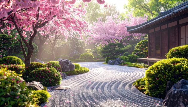 Tranquil Japanese Zen Garden in Spring with Cherry Blossoms and Raked Sand.