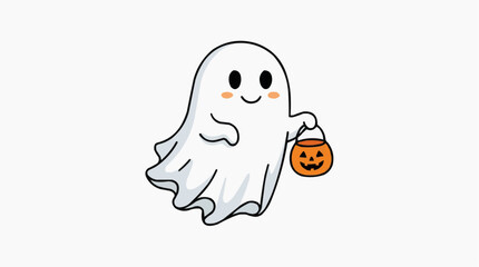 Fototapeta premium A cute cartoon ghost holding a jack-o-lantern bucket for trick-or-treating on Halloween night