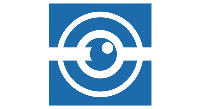 Abstract Eye Icon Resembling a Lens in a Blue Square, Creative Visual Communication