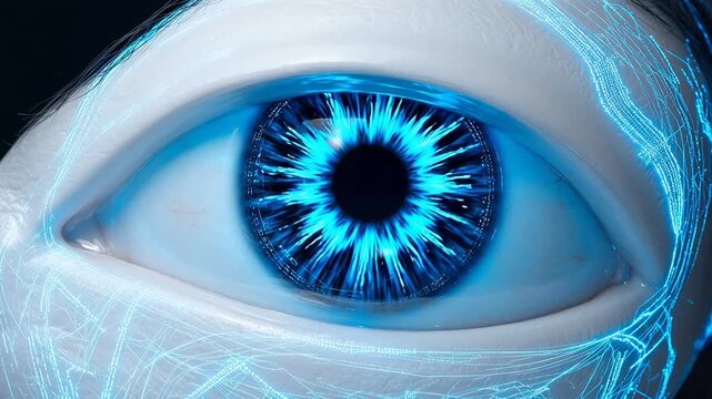 Closeup of a futuristic eye with glowing patterns emphasizing industrial strength and manufacturing