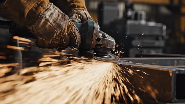 Metal Worker Grinding Steel with Sparks - A metal worker uses an angle grinder to smooth the edges of a steel beam, resulting in a shower of sparks.