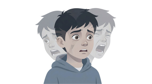 Distressed young boy with overlaid screaming expressions representing world schizophrenia day, illustrating childhood mental health struggles, panic, and internal psychological turmoil.
