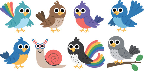 Cute cartoon bird collection featuring colorful songbirds rainbow wings and a happy snail with glasses for children nursery decor and spring nature flat vector illustration © MST
