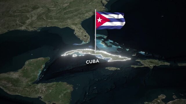 Cuba Map Animation with 3D Waving of Cuba National Flag and Glowing Border Animation on World Map