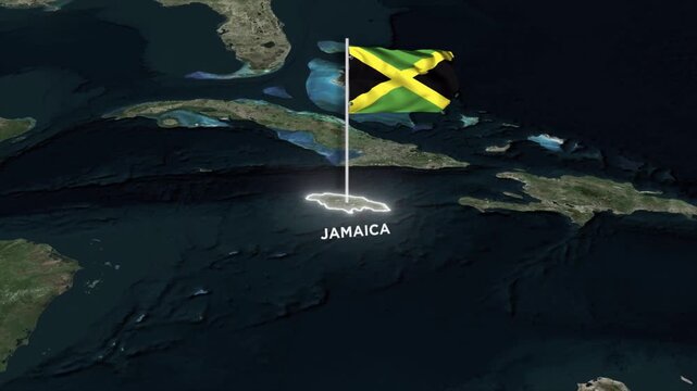 Jamaica Map Animation with 3D Waving of Jamaica National Flag and Glowing Border Animation on World Map