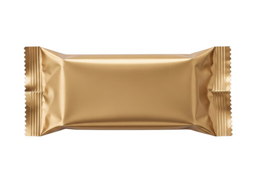 Golden brown rectangular snack bar wrapped in shiny foil packaging isolated on transparent background