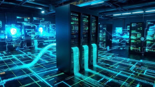 Futuristic server room with glowing circuits symbolizing luxury, elegance, and premium quality