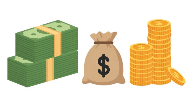Stacks of cash money bag and gold coins illustration.