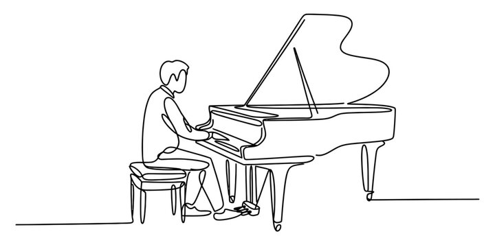 A single continuous line art drawing of a man sitting on a stool playing a grand piano indoors. Vector, illustration