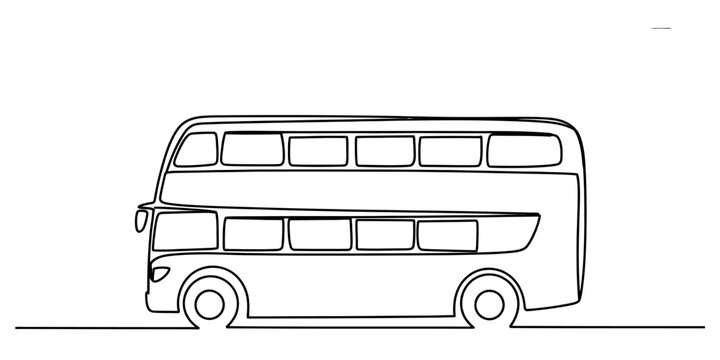 A simple black and white line drawing of a classic double decker bus on a clean white background Vector, illustration