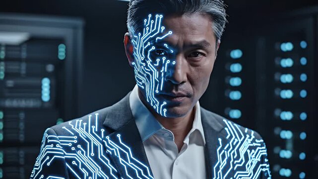 Asian Man with Futuristic Technology Overlay - A medium shot of an Asian man in a suit with a glowing blue circuit board pattern overlaid on his face and shoulders, conveying technology and digital