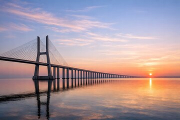 Obraz premium Serenity of a cable-stayed bridge at sunset over water