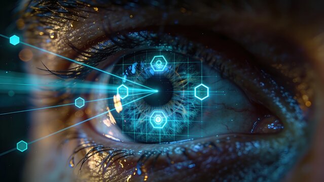 Biometric security scanning a human eye with digital retinal technology for identification