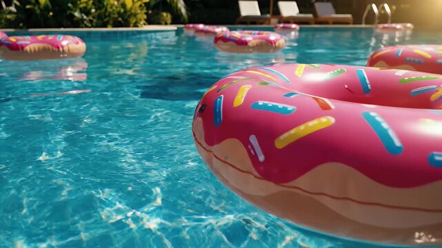 Pool with Donut Floats - This vibrant video features a swimming pool filled with inflatable donut-shaped floats.
