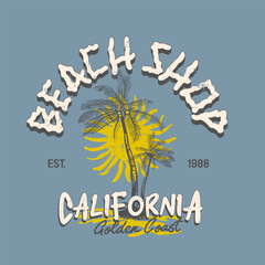 Obraz premium Beach Shop California Golden Coast Typography Slogan. Hand drawn Line Art Palm tree. Sunset beach time. tropical summer graphic tee t shirt design. vintage retro beach artwork. 