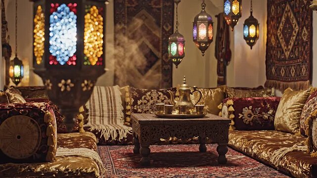 Ornate Middle Eastern Lounge with Tea Service - A photograph displays a sumptuously decorated Middle Eastern-style lounge, featuring plush seating, colorful hanging lanterns, and traditional carpets.