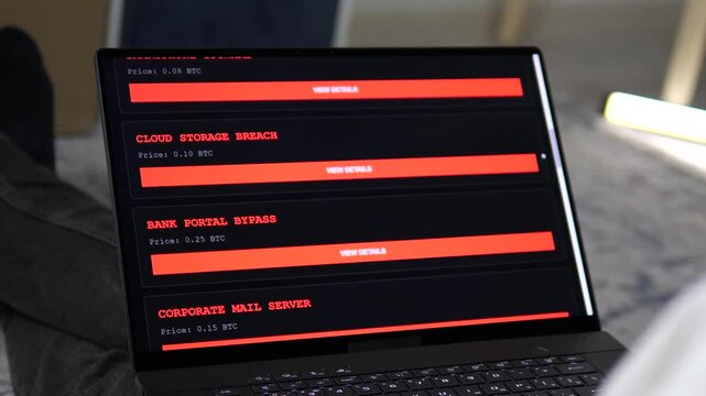 Cinematic shot of a darknet Shadow Market on a laptop. Features illegal hacking services like spyware and Trojans priced in Bitcoin. Perfect for cybercrime documentaries, digital security films, and