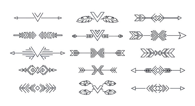 Collection of abstract tribal arrow and feather graphic elements