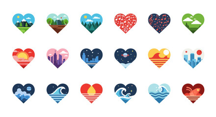 Collection of heart-shaped icons representing diverse themes and scenes. © Vertu