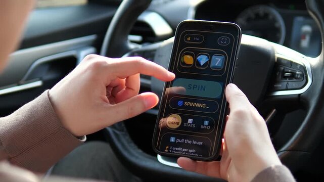 Person playing a mobile casino slot game app while sitting in a car. Tapping the spin button on a dark UI. Ideal for gambling addiction awareness, digital entertainment, and mobile gaming concepts.
