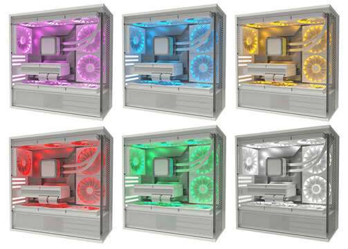 Set of modern desktop computer cases with colorful led lighting and internal components. 3d illustration isolated on white