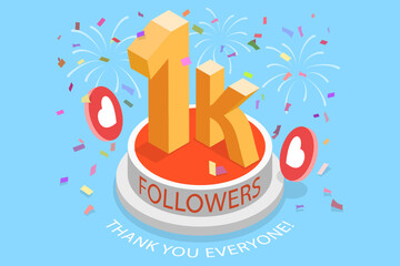 Obraz premium 3D Isometric Flat Vector Illustration of 1K, Achieving 1,000 Followers On Social Media Platform Indicates Growing Popularity And Influence