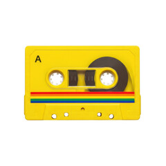 Naklejka premium Vintage cassette tape in yellow with black reels and labels