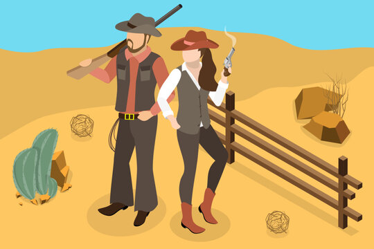 3D Isometric Flat Vector Illustration of Wild West Couple, The Infamous Criminal Duo