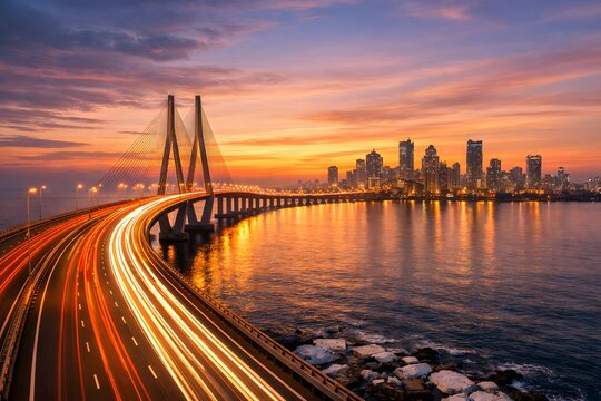 Mumbai cityscape with Bandra-Worli Sea Link bridge at sunset