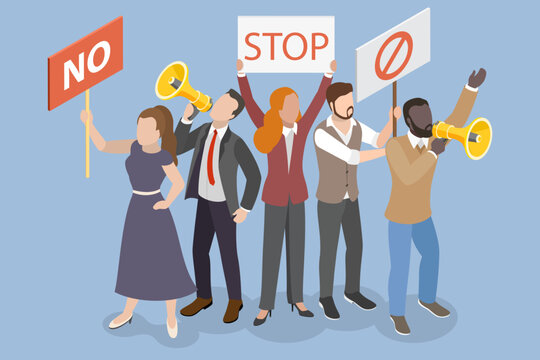 3D Isometric Flat Vector Illustration of Protesting People, Crowd Shouting With Loudspeakers And Holding Placards In Politics Rally