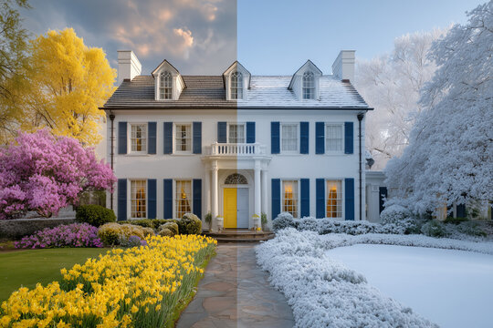 Front view of a house entrance split vertically into summer and winter, perfectly centered composition, lush green sunny side contrasted with snowy cold side.