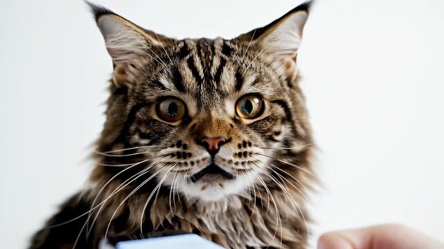 Surprised Maine Coon Cat Portrait - A close-up shot shows a tabby Maine Coon cat with wide eyes and its mouth open, seemingly surprised.