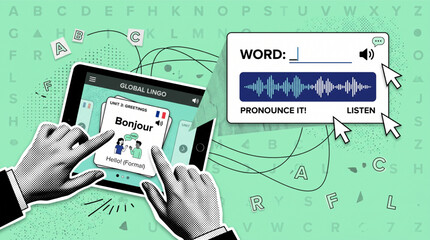 Halftone collage of hands using a mobile language learning application on a tablet device featuring French greeting flashcards and interactive voice recognition speech tools for digital studies. © Ai