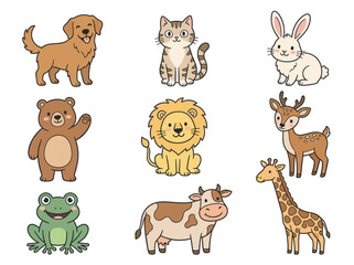 Naklejka premium Cute zoo animal sticker set: 9 hand-drawn cartoon characters for kids education and nursery decor