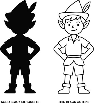 The image features a solid black silhouette of Peter Pan alongside his thin black outline illustration, showcasing two different artistic representations of the iconic character.