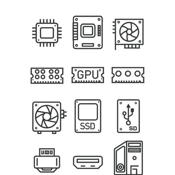 Computer hardware line icons set featuring 12 vector elements. PC components collection including CPU, GPU, RAM, and SSD storage. Minimalist technology hardware symbols for computer assembly and