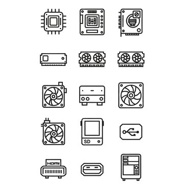 Computer hardware icons, electronic components, technology symbols, circuit board elements, 12 pcs