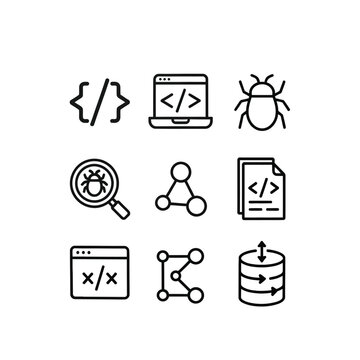 Coding, web development, programming icons set, 9 symbols, line style, black and white