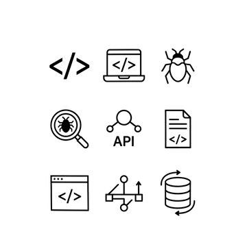Software development line icons set of 9 vector elements. Programming code symbols, API integration graphics, and web debugging signs. Minimalist black and white coding icons for app design and