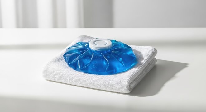 Ice pack on towel for injury treatment, cold therapy and pain relief concept