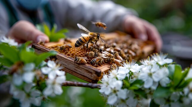 Beekeeper holding honeycomb frame covered with bees in blooming spring orchard