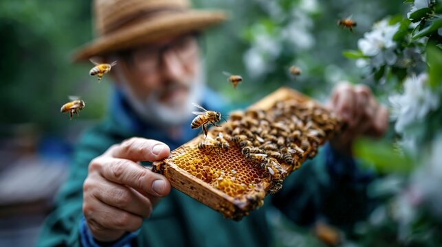 Beekeeper holding honeycomb frame covered with bees in blooming spring orchard