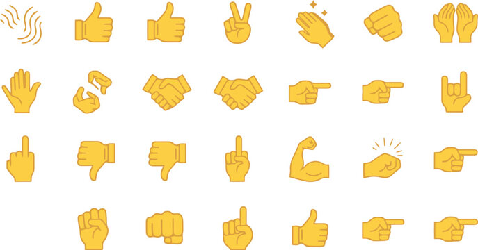Yellow Emoji Hand Gesture Icon Set with Thumbs Up, Peace, Pointing, Handshake, Fist, and Various Finger Signs for Social Media Designs