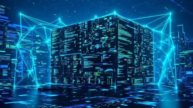 Futuristic digital cube in cyber city symbolizing trust, reliability, and security