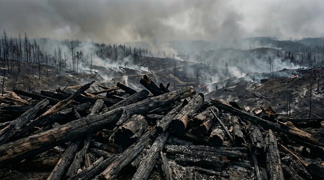 A desolate landscape of charred logs and smoldering remains under a gray, smoke-filled sky after a devastating wildfire.