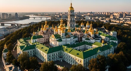 Obraz premium St sophia's cathedral in kyiv a breathtaking aerial view at golden hour
