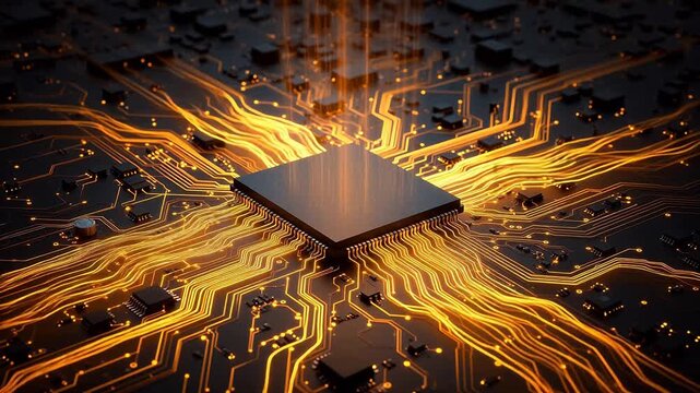 Microchip with glowing circuit board ideal for corporate presentations and B2B marketing