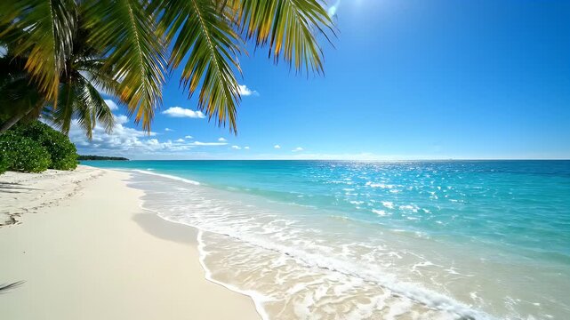 Tropical Beach Paradise - This video captures a serene tropical beach with turquoise water lapping onto white sand. Palm trees hang over the beach, casting shadows and creating a sense of paradise.
