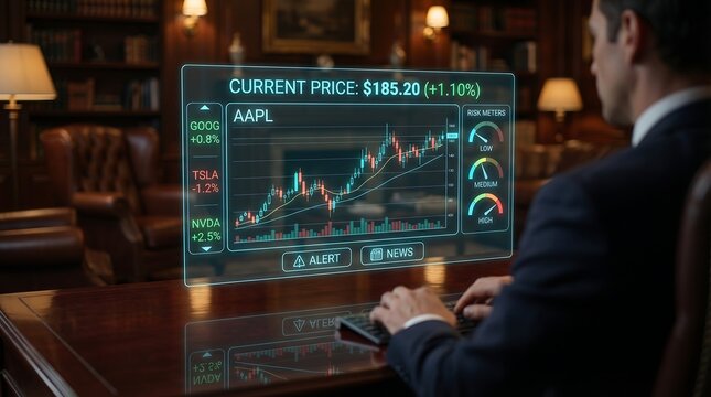 A businessman analyzing stock market data on a computer screen in a luxurious office with a graph display.