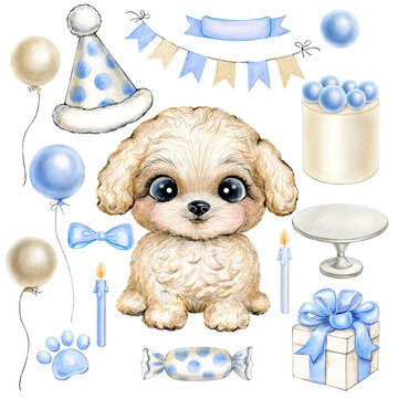A set of watercolor illustrations with cute "Happy Birthday"  elements on a white background: a little maltese puppy, a cake, a cake stand, candles, balls, a garland of flags, a gift with a blue ribbo
